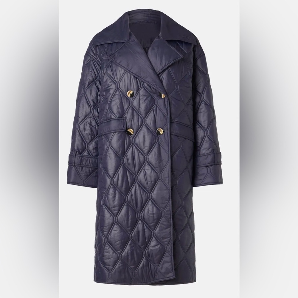 GANNI Women's Elegant Navy Shiny Quilted Coat - Picture 2 of 15